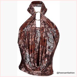 Vintage Draped Halter Crop Top Metal Ring Backless Y2K Style